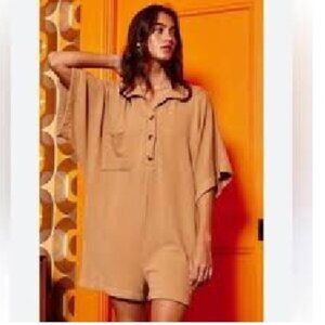 BUCKETLIST Camel French Terry Polo Romper with pockets Oversized Small.